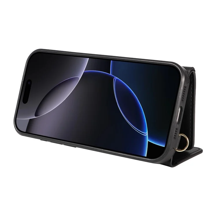 For iPhone 16 Pro Crossbody Phone Case Card Holder Kickstand Leather Coated TPU Mobile Cover - Black