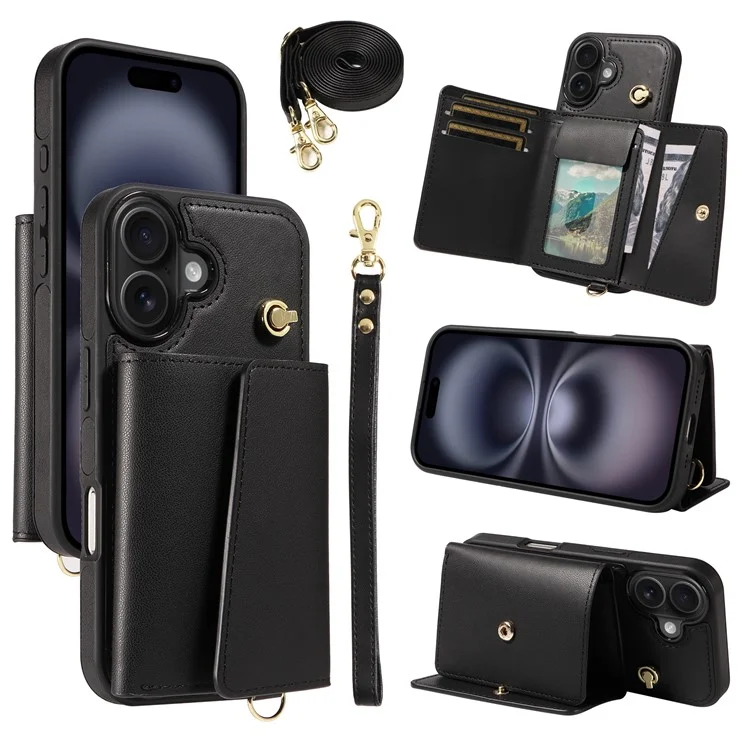 For iPhone 16 Plus Crossbody Phone Case Card Holder Kickstand Leather Coated TPU Mobile Cover - Black