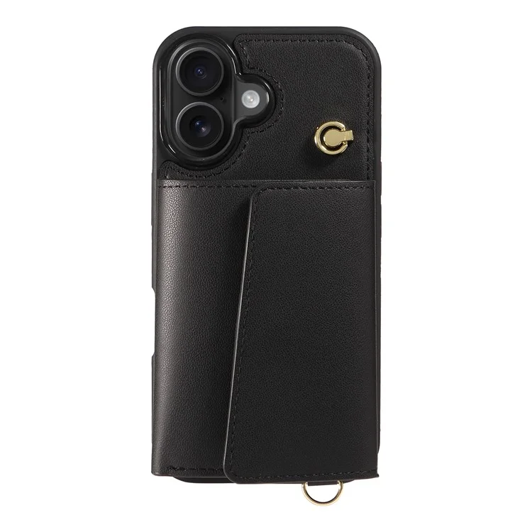For iPhone 16 Plus Crossbody Phone Case Card Holder Kickstand Leather Coated TPU Mobile Cover - Black