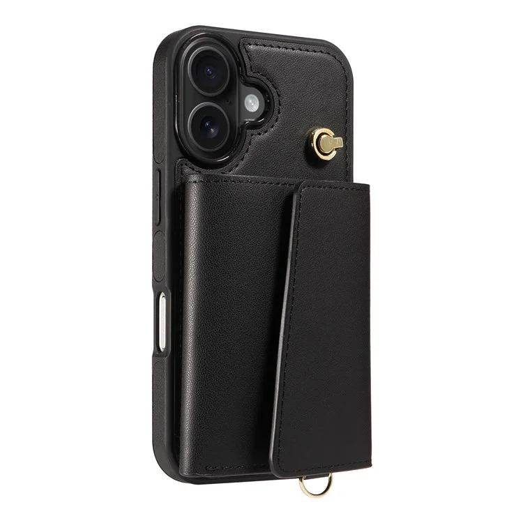 For iPhone 16 Plus Crossbody Phone Case Card Holder Kickstand Leather Coated TPU Mobile Cover - Black