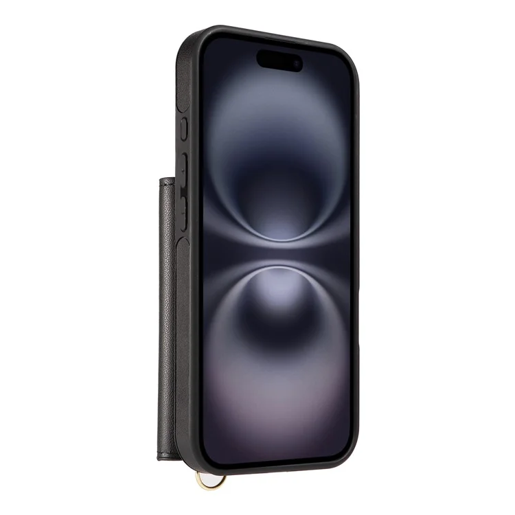For iPhone 16 Plus Crossbody Phone Case Card Holder Kickstand Leather Coated TPU Mobile Cover - Black