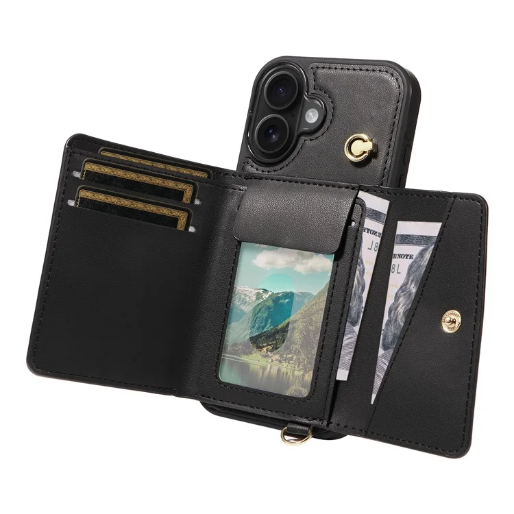 For iPhone 16 Plus Crossbody Phone Case Card Holder Kickstand Leather Coated TPU Mobile Cover - Black