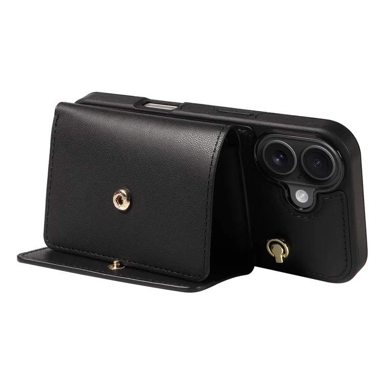 For iPhone 16 Plus Crossbody Phone Case Card Holder Kickstand Leather Coated TPU Mobile Cover - Black