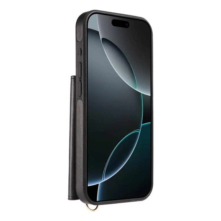 Для iPhone 16 Pro Max чехол для телефона через плечо с держателем для карт, подставкой, кожаным покрытием из ТПУ - черный