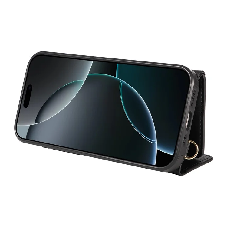 Для iPhone 16 Pro Max чехол для телефона через плечо с держателем для карт, подставкой, кожаным покрытием из ТПУ - черный