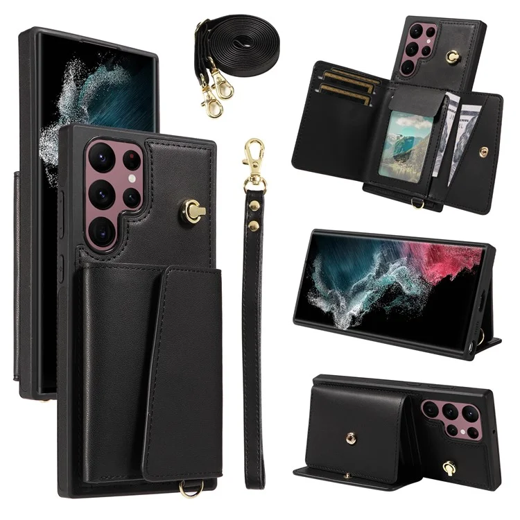 Custodia per telefono a tracolla con porta carte e supporto per Samsung Galaxy S22 Ultra 5G, rivestita in pelle e TPU - Nero