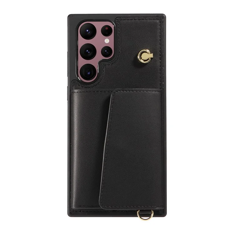 Custodia per telefono a tracolla con porta carte e supporto per Samsung Galaxy S22 Ultra 5G, rivestita in pelle e TPU - Nero