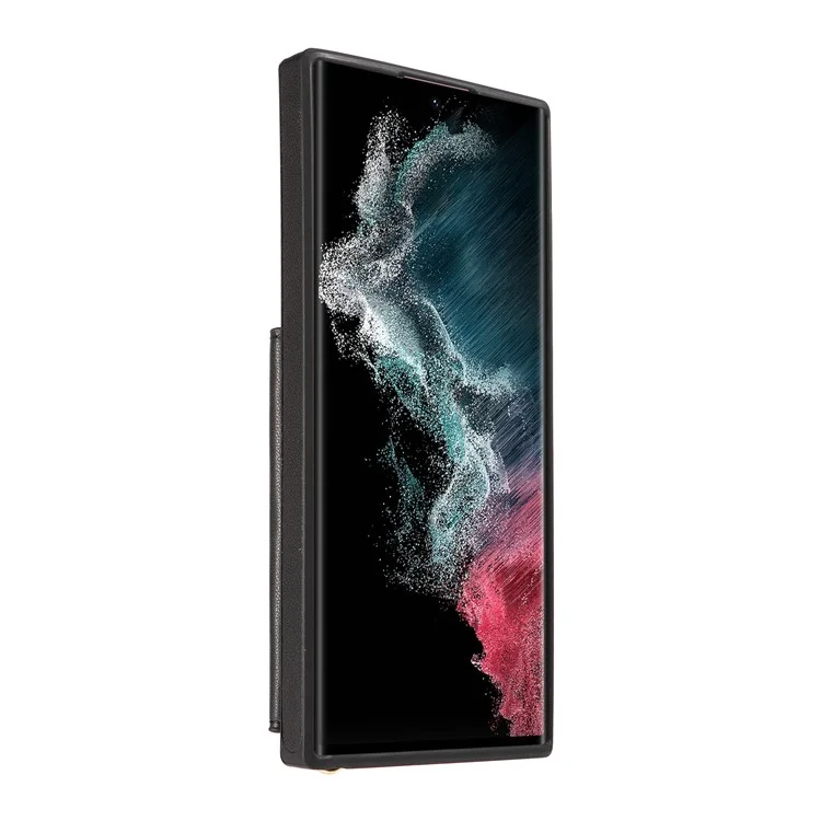 Custodia per telefono a tracolla con porta carte e supporto per Samsung Galaxy S22 Ultra 5G, rivestita in pelle e TPU - Nero