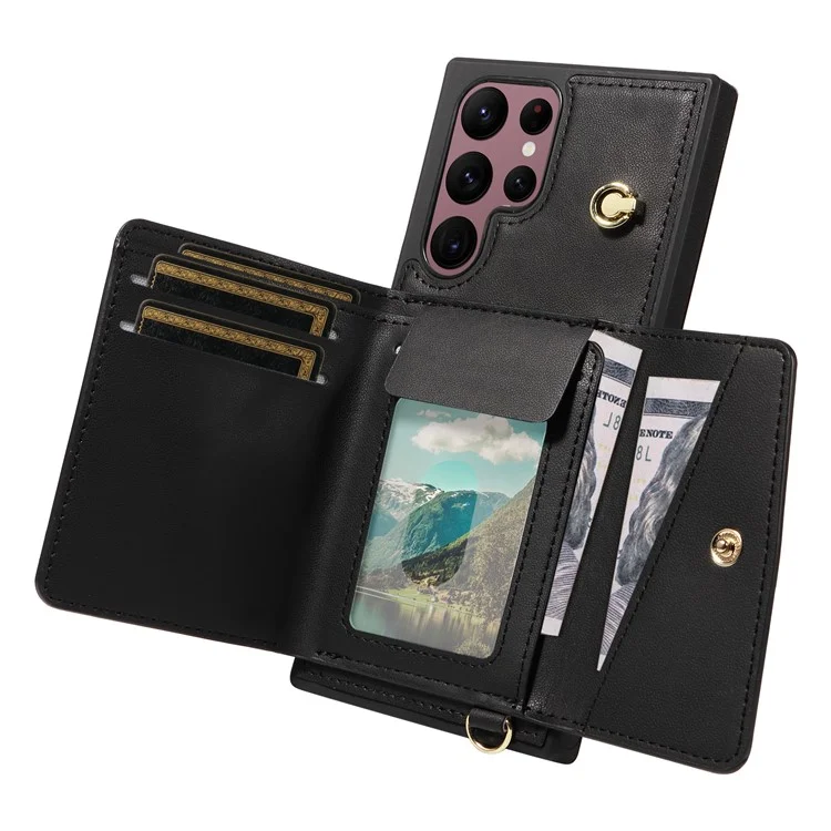 Custodia per telefono a tracolla con porta carte e supporto per Samsung Galaxy S22 Ultra 5G, rivestita in pelle e TPU - Nero