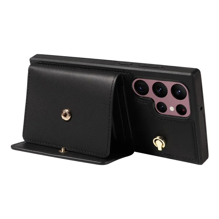 Custodia per telefono a tracolla con porta carte e supporto per Samsung Galaxy S22 Ultra 5G, rivestita in pelle e TPU - Nero