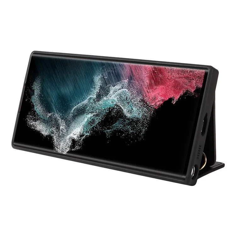 Custodia per telefono a tracolla con porta carte e supporto per Samsung Galaxy S22 Ultra 5G, rivestita in pelle e TPU - Nero