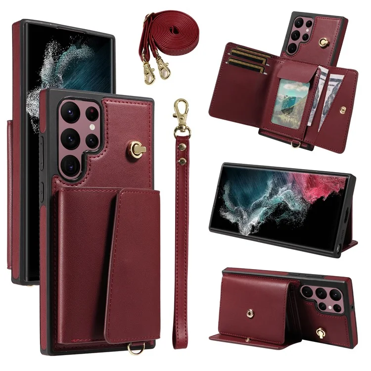 For Samsung Galaxy S22 Ultra 5G Crossbody Phone Case Card Holder Kickstand Leather Coated TPU Mobile Cover - Wine Red