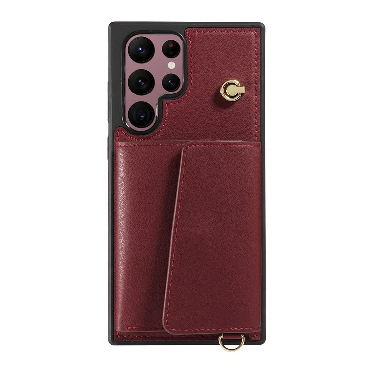For Samsung Galaxy S22 Ultra 5G Crossbody Phone Case Card Holder Kickstand Leather Coated TPU Mobile Cover - Wine Red