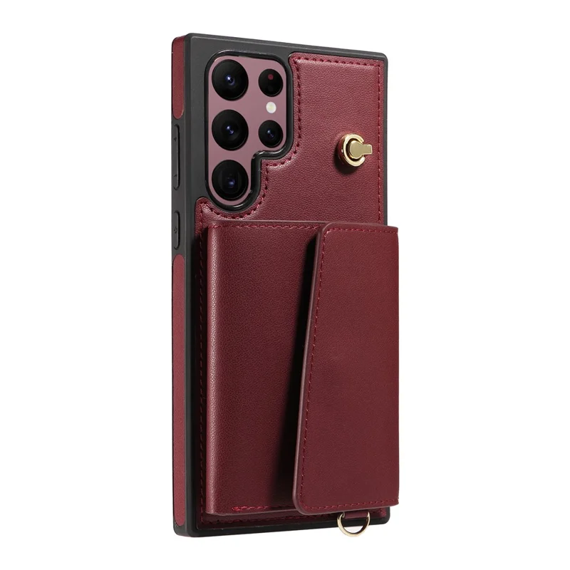 For Samsung Galaxy S22 Ultra 5G Crossbody Phone Case Card Holder Kickstand Leather Coated TPU Mobile Cover - Wine Red
