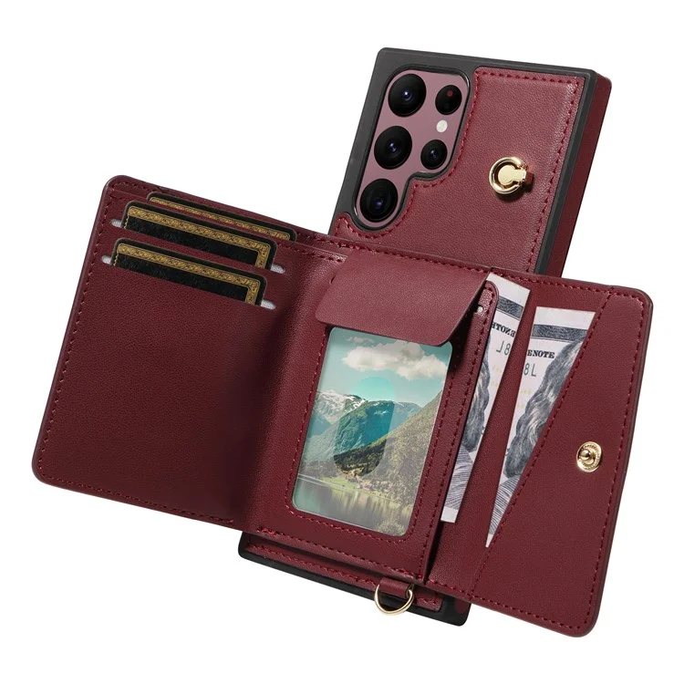 For Samsung Galaxy S22 Ultra 5G Crossbody Phone Case Card Holder Kickstand Leather Coated TPU Mobile Cover - Wine Red