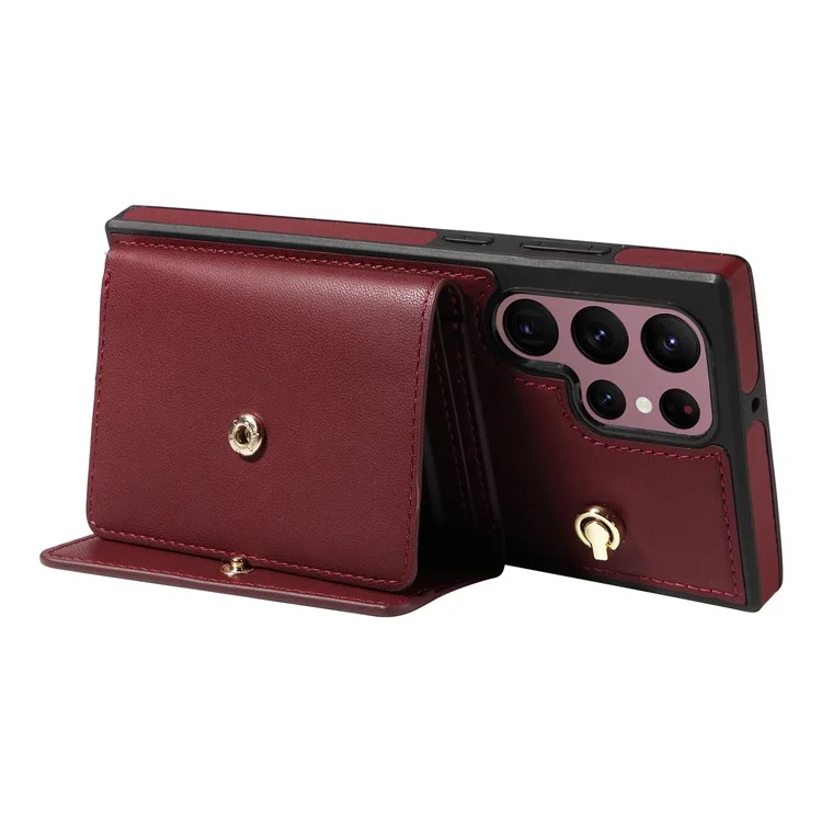 For Samsung Galaxy S22 Ultra 5G Crossbody Phone Case Card Holder Kickstand Leather Coated TPU Mobile Cover - Wine Red
