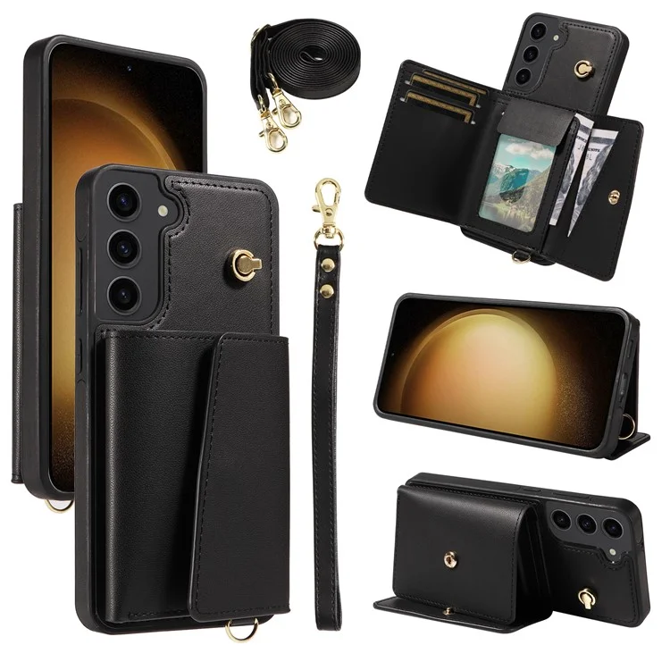 Für Samsung Galaxy S23+ Crossbody Handyhülle mit Kartenfach, Ständer, Lederüberzug und TPU-Gehäuse - Schwarz