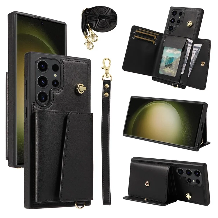 Capa de telefone transversal para Samsung Galaxy S23 Ultra com suporte, porta-cartões e revestimento de couro TPU - Preto