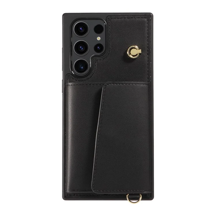 Capa de telefone transversal para Samsung Galaxy S23 Ultra com suporte, porta-cartões e revestimento de couro TPU - Preto