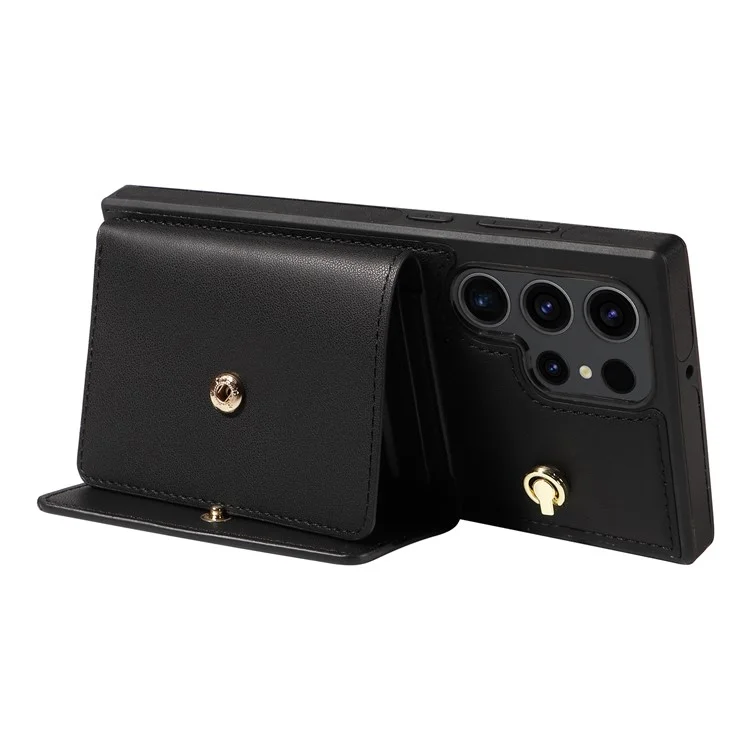 Capa de telefone transversal para Samsung Galaxy S23 Ultra com suporte, porta-cartões e revestimento de couro TPU - Preto