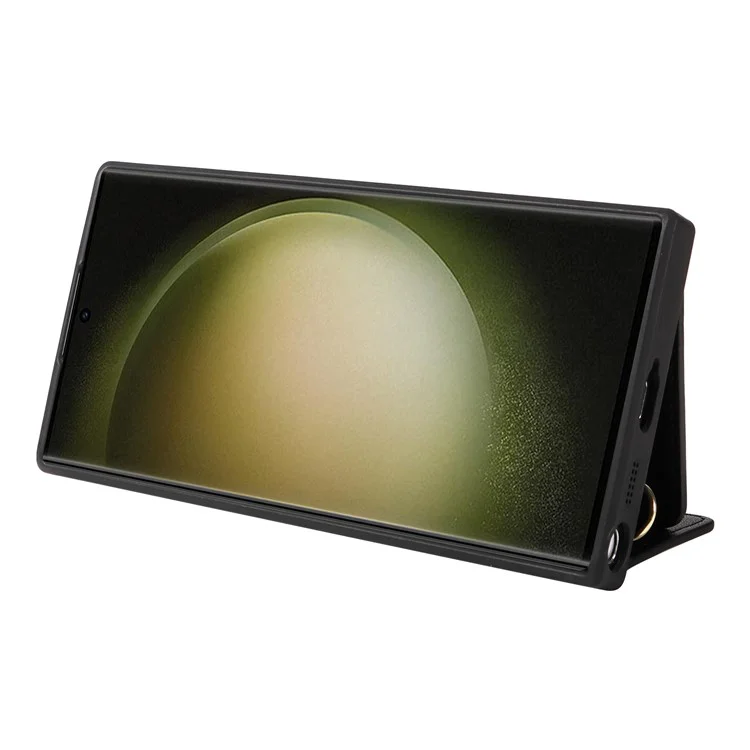 Capa de telefone transversal para Samsung Galaxy S23 Ultra com suporte, porta-cartões e revestimento de couro TPU - Preto