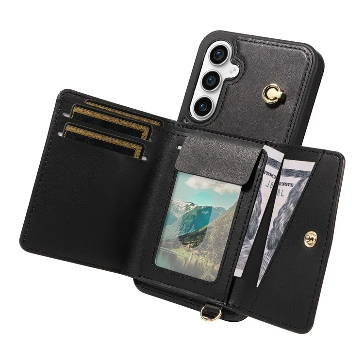 Étui de téléphone porté à l'épaule avec porte-cartes et support pour Samsung Galaxy S23 FE, en cuir enduit de TPU - Noir