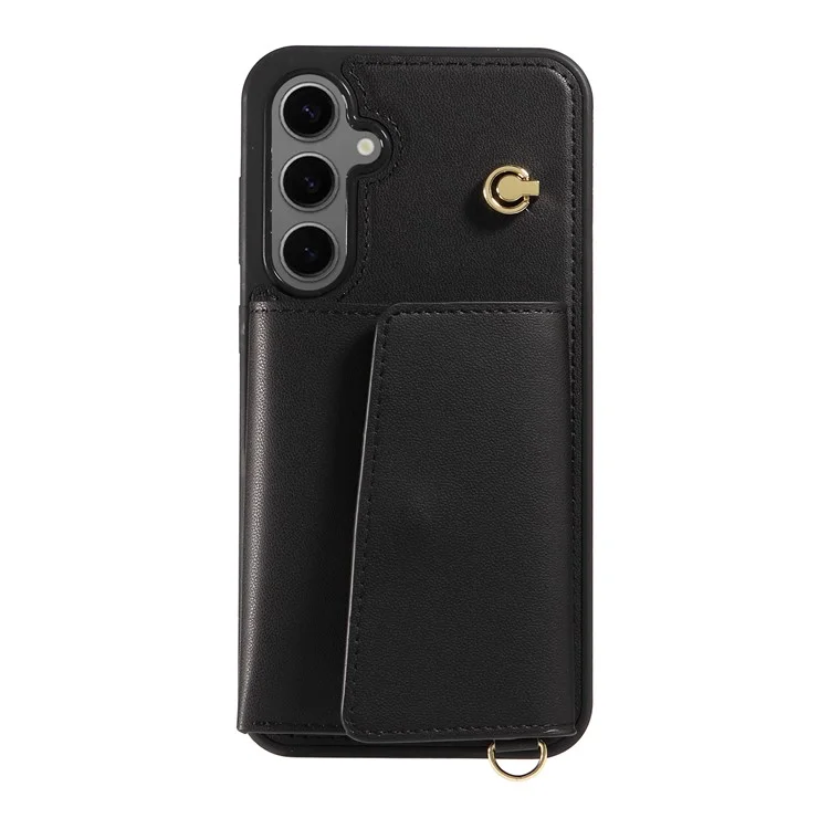 For Samsung Galaxy S24+ Crossbody Phone Case Card Holder Kickstand Leather Coated TPU Mobile Cover - Black