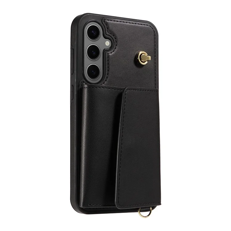 For Samsung Galaxy S24+ Crossbody Phone Case Card Holder Kickstand Leather Coated TPU Mobile Cover - Black
