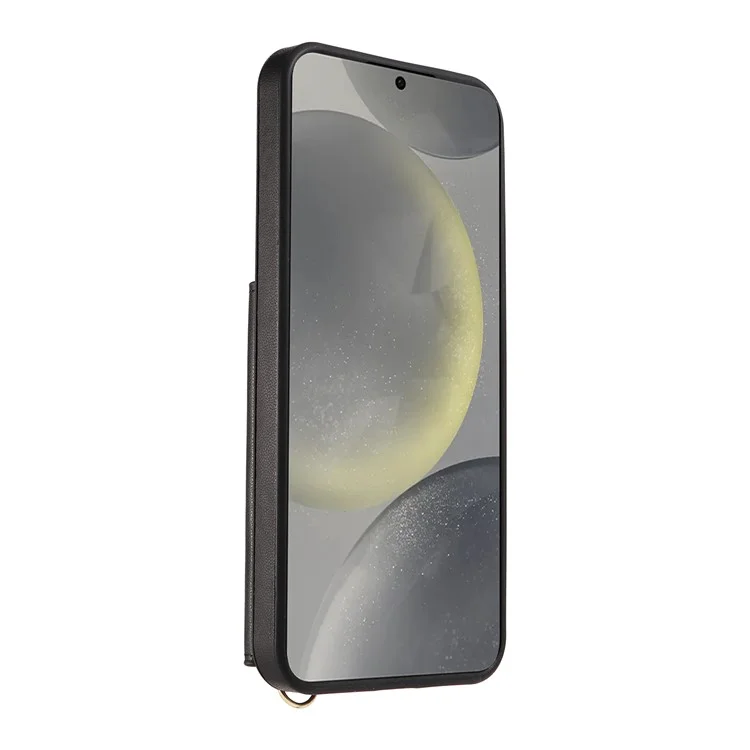 For Samsung Galaxy S24+ Crossbody Phone Case Card Holder Kickstand Leather Coated TPU Mobile Cover - Black