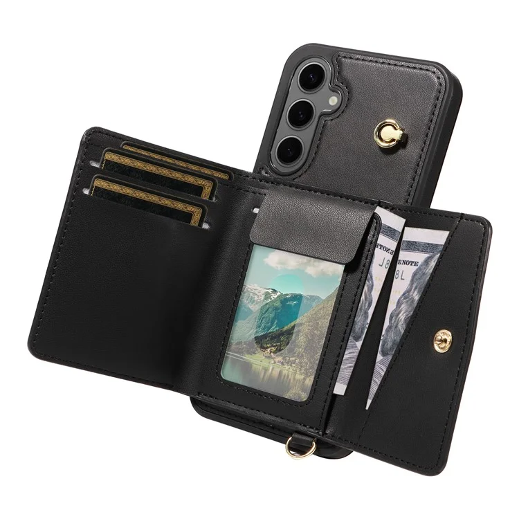 For Samsung Galaxy S24+ Crossbody Phone Case Card Holder Kickstand Leather Coated TPU Mobile Cover - Black