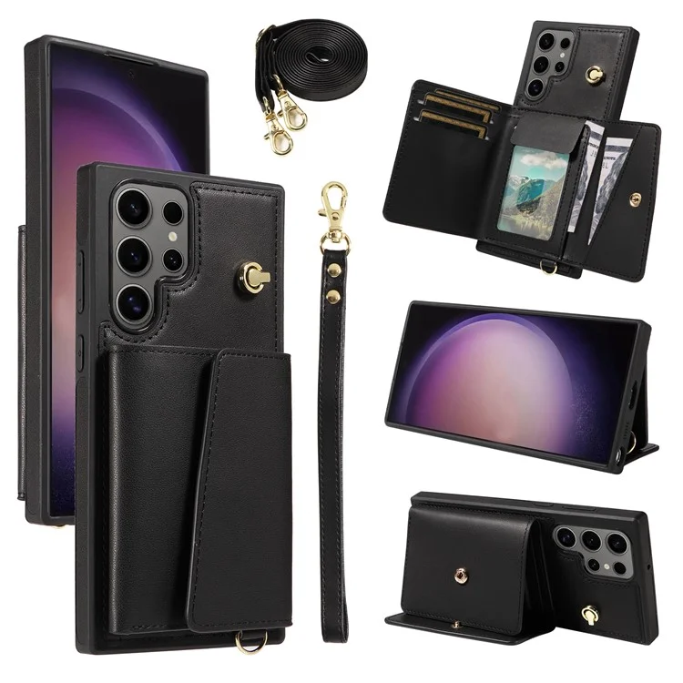 Für Samsung Galaxy S24 Ultra Umhängetasche Handyhülle mit Kartenfach Ständer Lederüberzug TPU Handyhülle - Schwarz