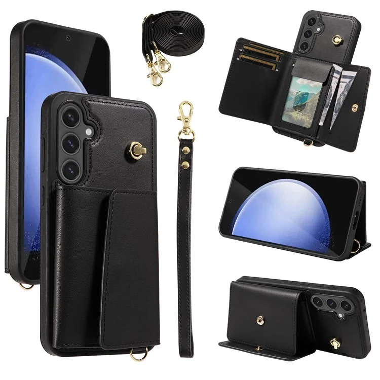 Für Samsung Galaxy S24 FE Crossbody Handyhülle mit Kartenfach, Ständer, Lederüberzug und TPU-Abdeckung - Schwarz