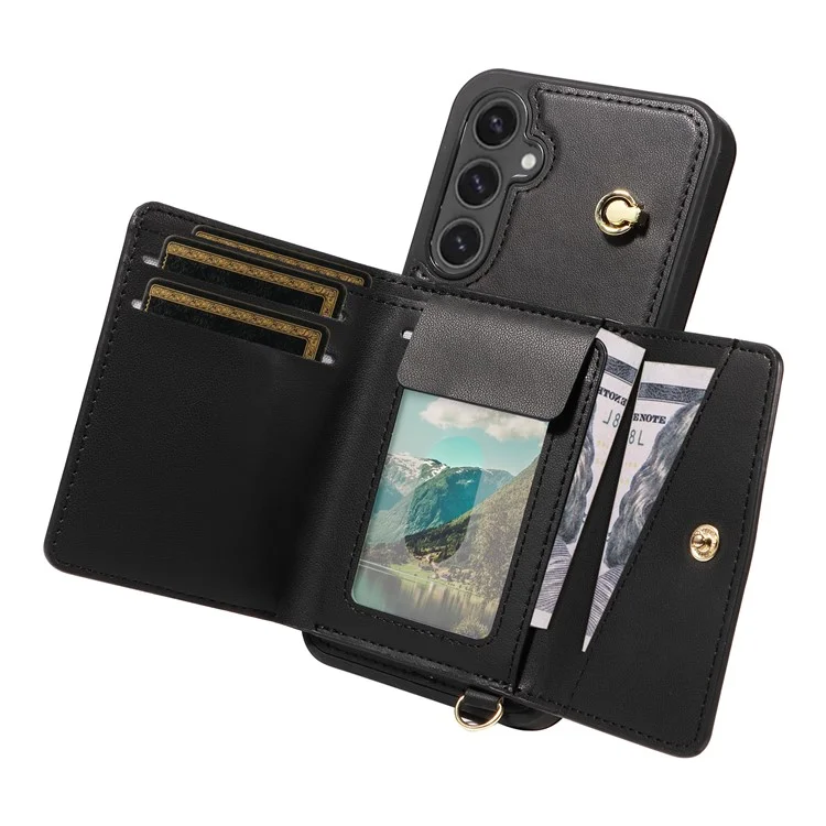 Für Samsung Galaxy S24 FE Crossbody Handyhülle mit Kartenfach, Ständer, Lederüberzug und TPU-Abdeckung - Schwarz