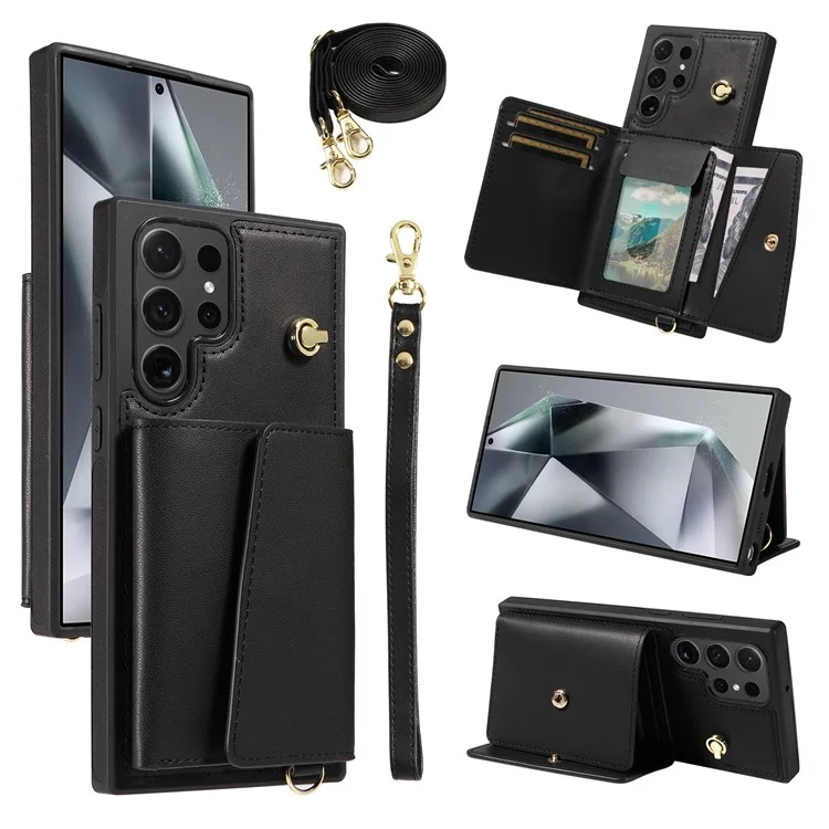 Étui de téléphone bandoulière avec porte-cartes et support pour Samsung Galaxy S25 Ultra - Noir