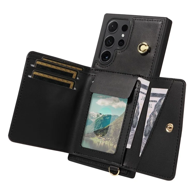 Étui de téléphone bandoulière avec porte-cartes et support pour Samsung Galaxy S25 Ultra - Noir