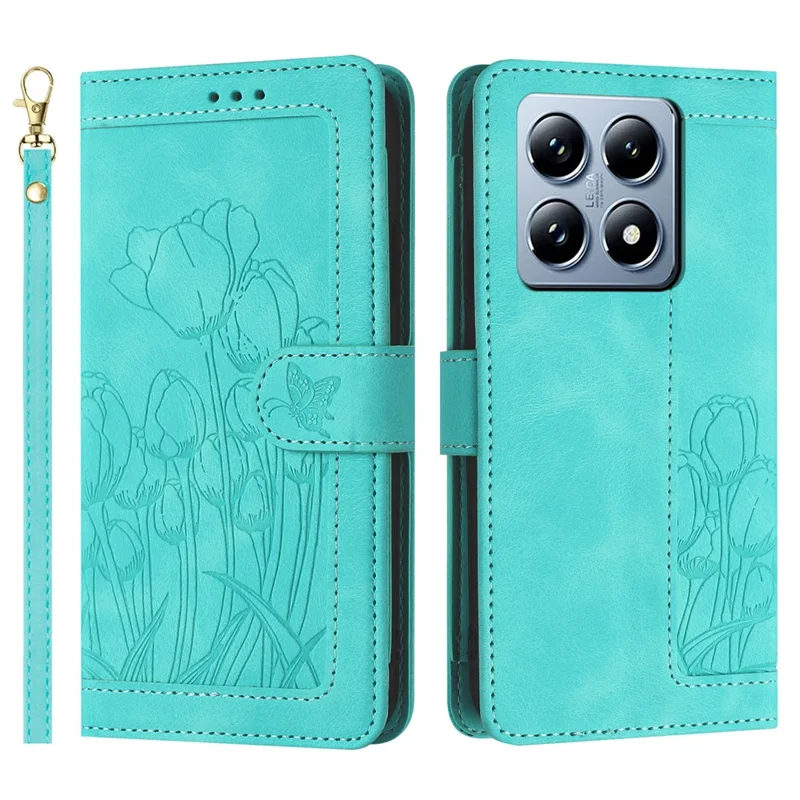 Étui en cuir Tulipe pour Xiaomi 14T avec 5 fentes pour cartes et portefeuille - Vert