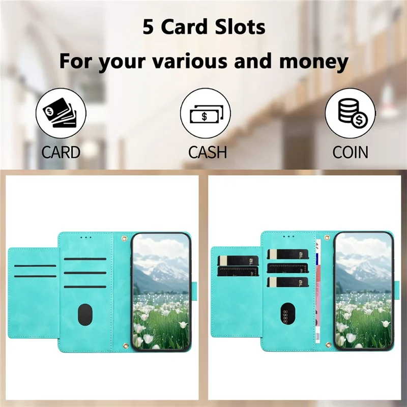 Étui en cuir Tulipe pour Xiaomi 14T avec 5 fentes pour cartes et portefeuille - Vert