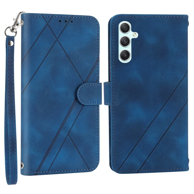 For Samsung Galaxy A56 5G Case Imprinted Line Leather Phone Cover with Handy Strap - Blue