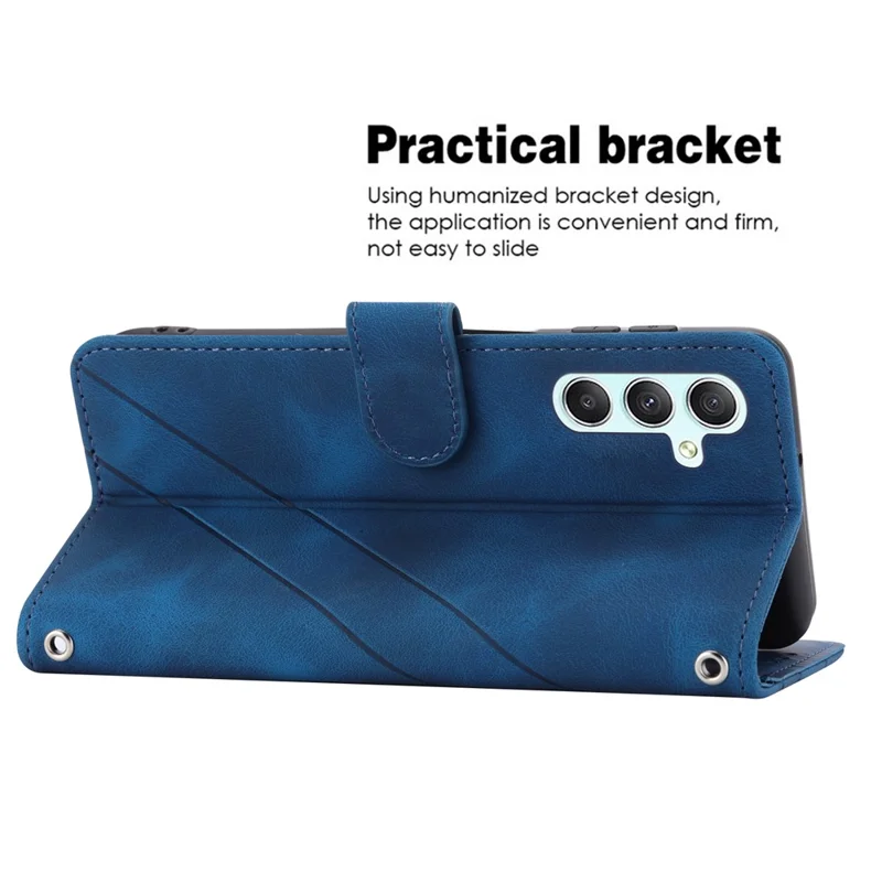 For Samsung Galaxy A56 5G Case Imprinted Line Leather Phone Cover with Handy Strap - Blue