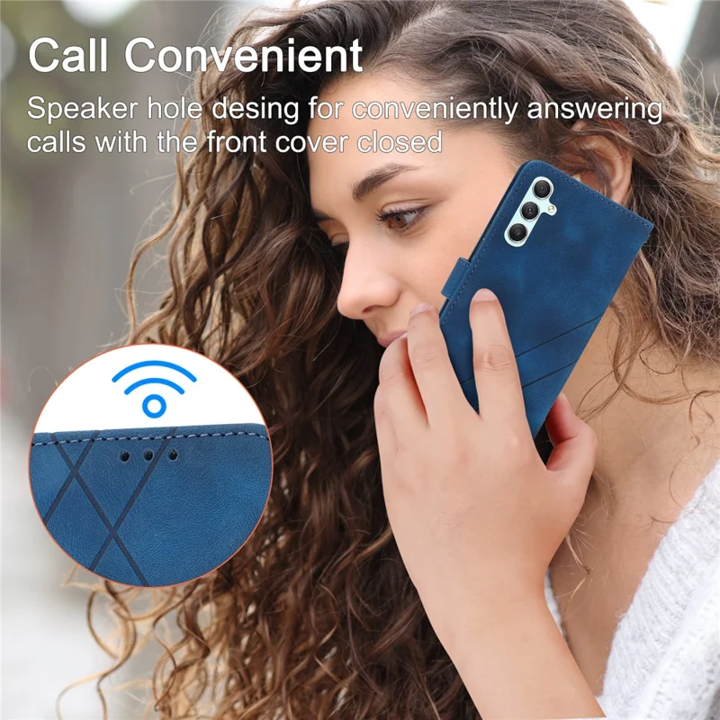 For Samsung Galaxy A56 5G Case Imprinted Line Leather Phone Cover with Handy Strap - Blue