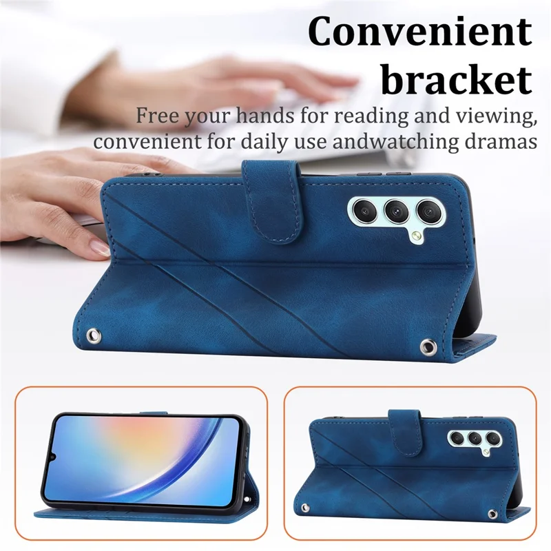 For Samsung Galaxy A56 5G Case Imprinted Line Leather Phone Cover with Handy Strap - Blue