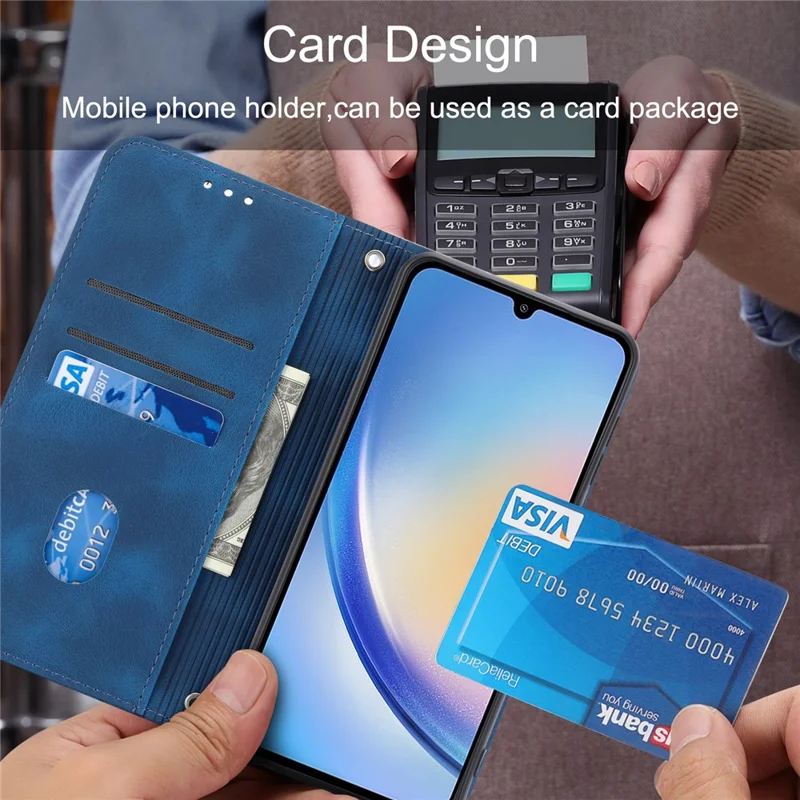 For Samsung Galaxy A56 5G Case Imprinted Line Leather Phone Cover with Handy Strap - Blue