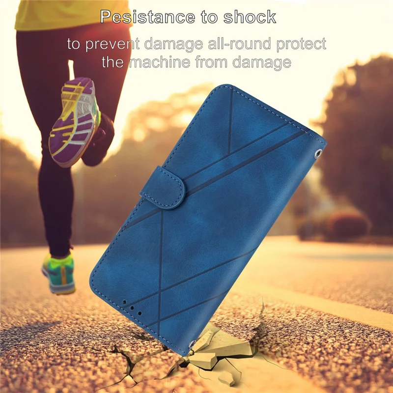 For Samsung Galaxy A56 5G Case Imprinted Line Leather Phone Cover with Handy Strap - Blue