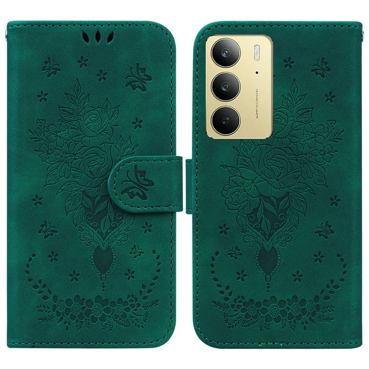 Funda para Realme C75 de piel sintética tipo billetera con diseño de mariposa y flor - Verde