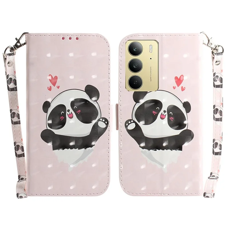 Obudowa do Realme C75 4G z nadrukiem, skórzana etui portfelowa z paskiem na nadgarstek - Panda z serduszkiem
