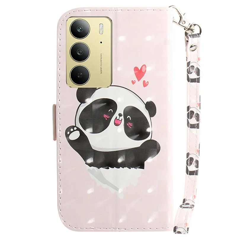 Obudowa do Realme C75 4G z nadrukiem, skórzana etui portfelowa z paskiem na nadgarstek - Panda z serduszkiem