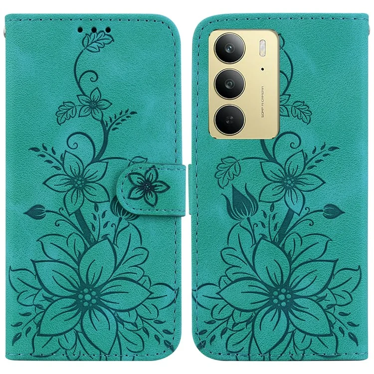 Für Realme C75 Fall Lily Flower Imprint Leder Telefonabdeckung mit Ständer - Grün