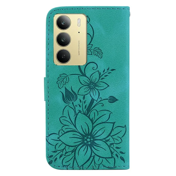 Für Realme C75 Fall Lily Flower Imprint Leder Telefonabdeckung mit Ständer - Grün
