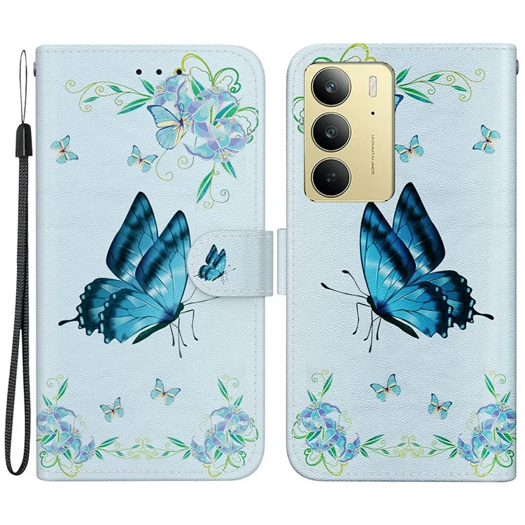 Für Realme C75 Wallet Phone Case Anti-Drop Leder Flip Cover Muster Druck - Blauer Schmetterling Blume
