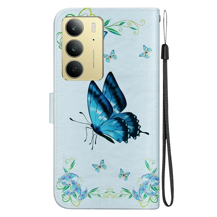 Für Realme C75 Wallet Phone Case Anti-Drop Leder Flip Cover Muster Druck - Blauer Schmetterling Blume